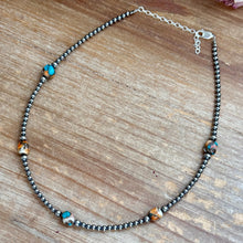 Load image into Gallery viewer, Kids necklace - 13” Turquoise & Spiny Oyster Necklace – 3–4mm Sterling Silver Pearls