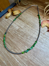 Load image into Gallery viewer, 19” Necklace – Sterling Silver Pearls & Bright Green Nugget Turquoise