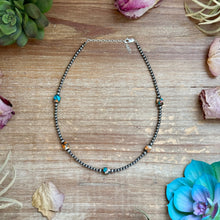 Load image into Gallery viewer, Kids necklace - 13” Turquoise & Spiny Oyster Necklace – 3–4mm Sterling Silver Pearls