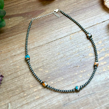 Load image into Gallery viewer, Kids necklace - 13” Turquoise & Spiny Oyster Necklace – 3–4mm Sterling Silver Pearls