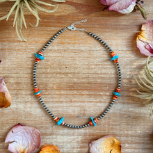 Load image into Gallery viewer, Sterling Silver Pearl Necklace with Orange Spiny Oyster & Sleeping Beauty Turquoise Chips – 14.5”