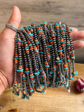 Load image into Gallery viewer, Sterling Silver Pearl Necklace with Orange Spiny Oyster & Sleeping Beauty Turquoise Chips – 14.5”