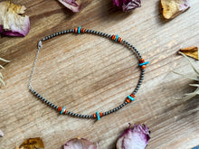 Load image into Gallery viewer, Sterling Silver Pearl Necklace with Orange Spiny Oyster & Sleeping Beauty Turquoise Chips – 14.5”