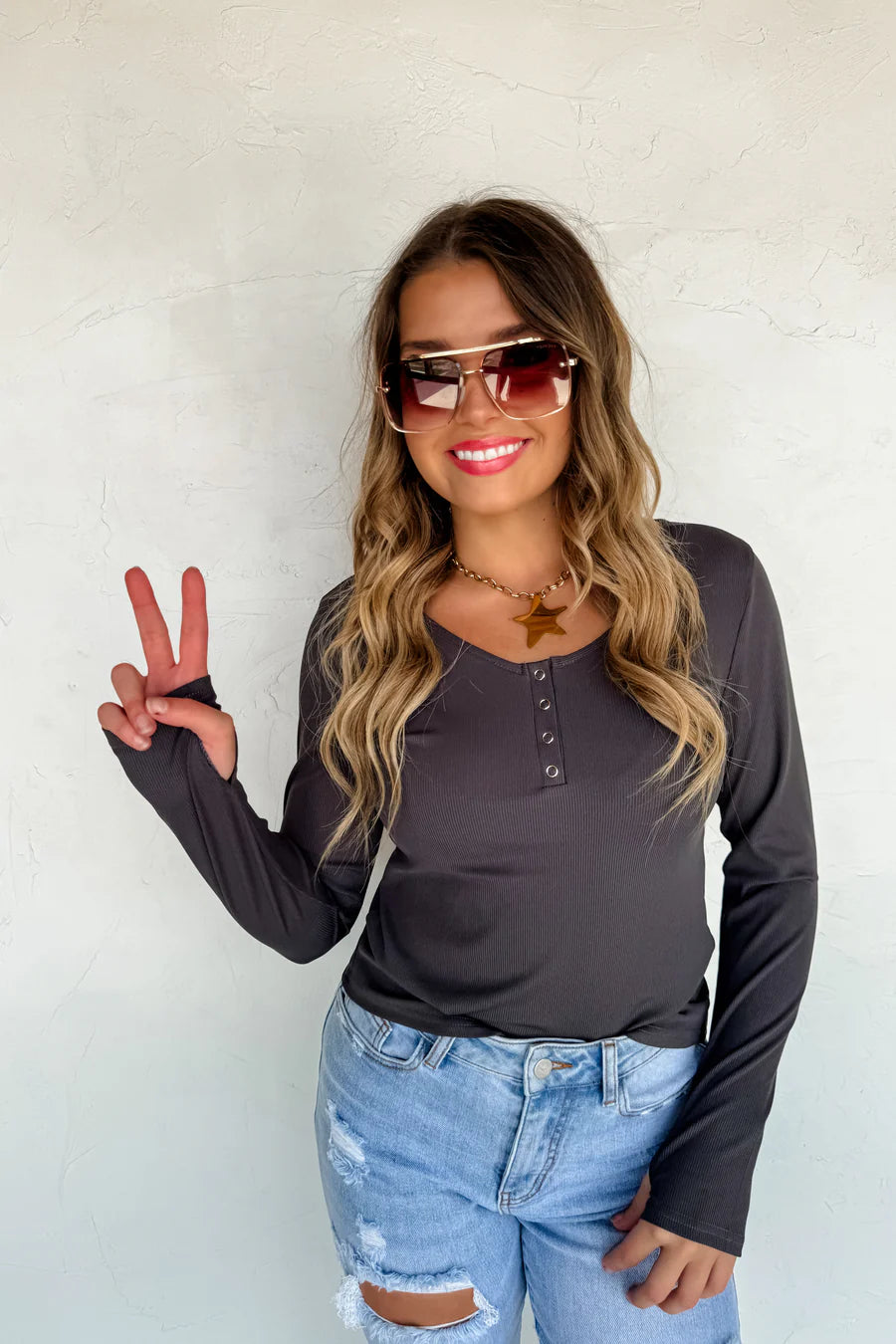 PREORDER- FALL BROOKLYN SNAP HENLEY TOP CHARCOAL