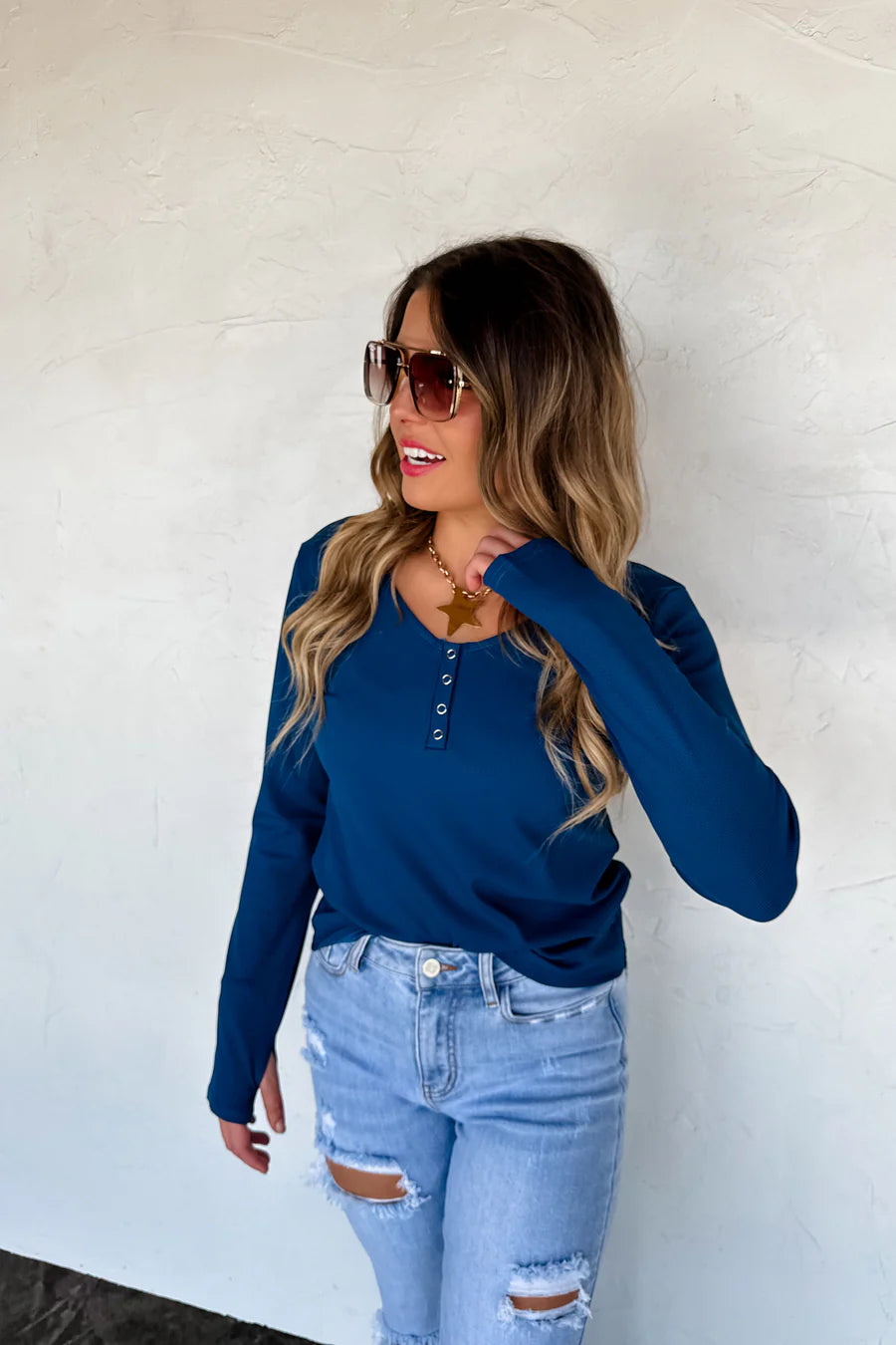 PREORDER- FALL BROOKLYN SNAP HENLEY TOP BLUE