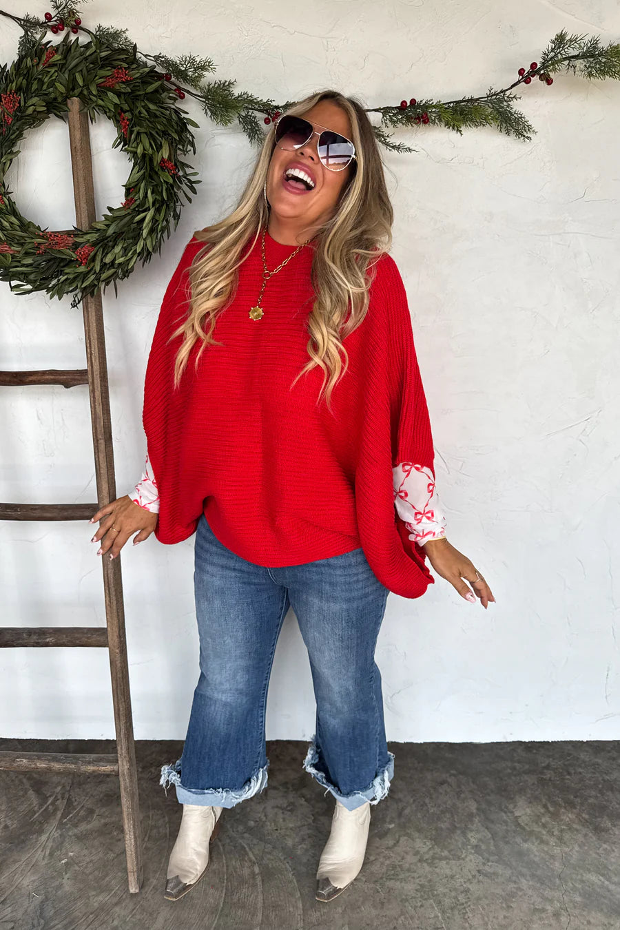 PREORDER- CHRISTMAS MEG PULLOVER PONCHO red