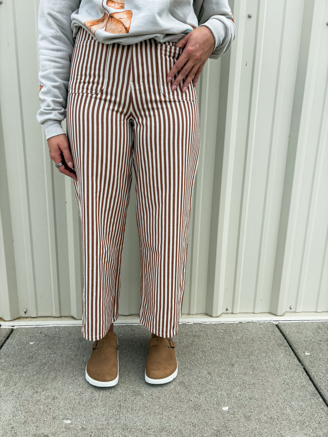 set on stripe pants - camel