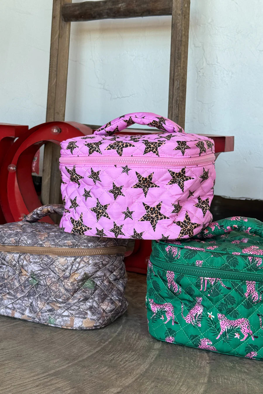 PREORDER- QUILTED PUFFER MAKEUP BAG cheetah star