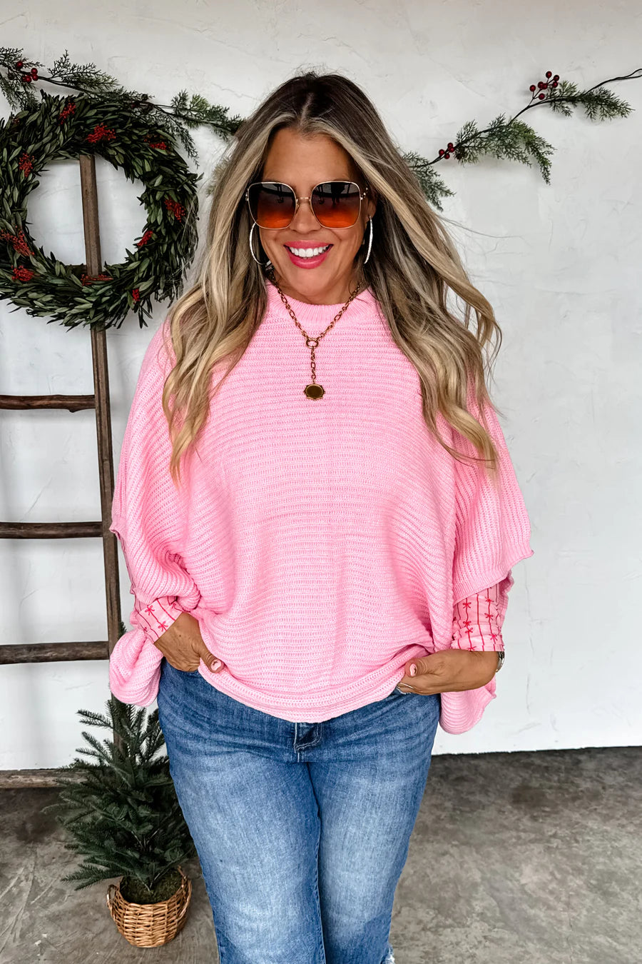 PREORDER- CHRISTMAS MEG PULLOVER PONCHO pink