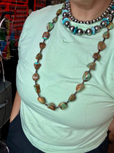 Load image into Gallery viewer, 34-Inch Long Turquoise Nugget &amp; Brown Shell Necklace
