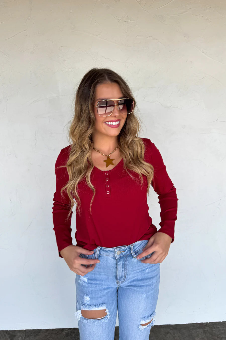 PREORDER- FALL BROOKLYN SNAP HENLEY TOP RUSTY RED