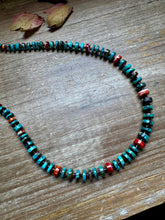 Load image into Gallery viewer, 26” Dark Blue Rondelle Turquoise &amp; Spiny Oyster Necklace
