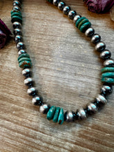 Load image into Gallery viewer, NFR Collection Necklace – 12mm Sterling Silver Pearls with 16mm Green Turquoise Rondelle – Handmade by The Bijoux FAB – 21.5"
