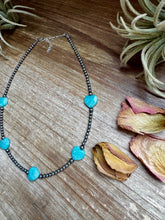 Load image into Gallery viewer, 15-Inch Peruvian Amazonite Heart Necklace – 5 Hearts, Handmade with Sterling Silver Pearls
