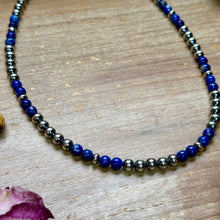 Load image into Gallery viewer, Lapis &amp; Sterling Silver Saucer Necklace – 16” + Extender – 6 mm Lapis
